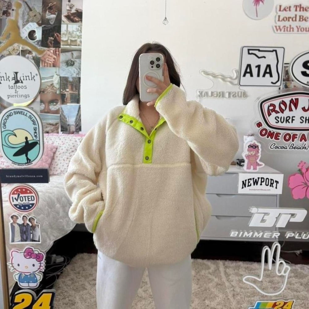 aerie cream and‎ yellow sherpa fleece  quarter button sweatshirt